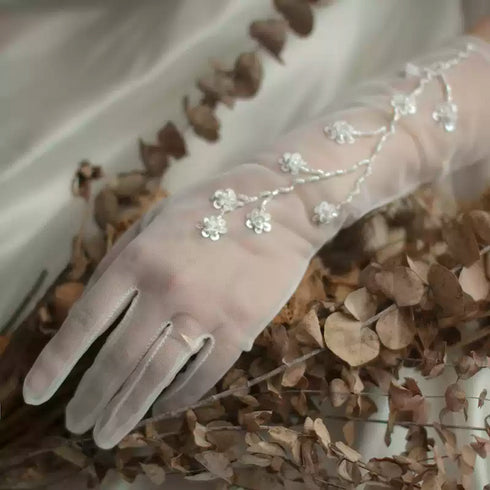White Bridal Tulle Wedding Gloves – Floral Beaded Embellished Gloves